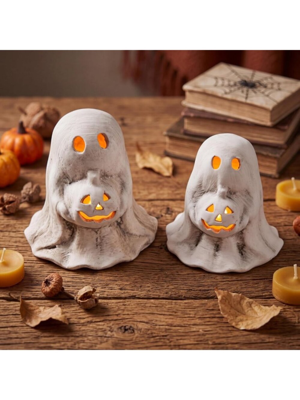 Set of 2 Retro Halloween Ghost Tealight Holders - Terracotta Decor, White